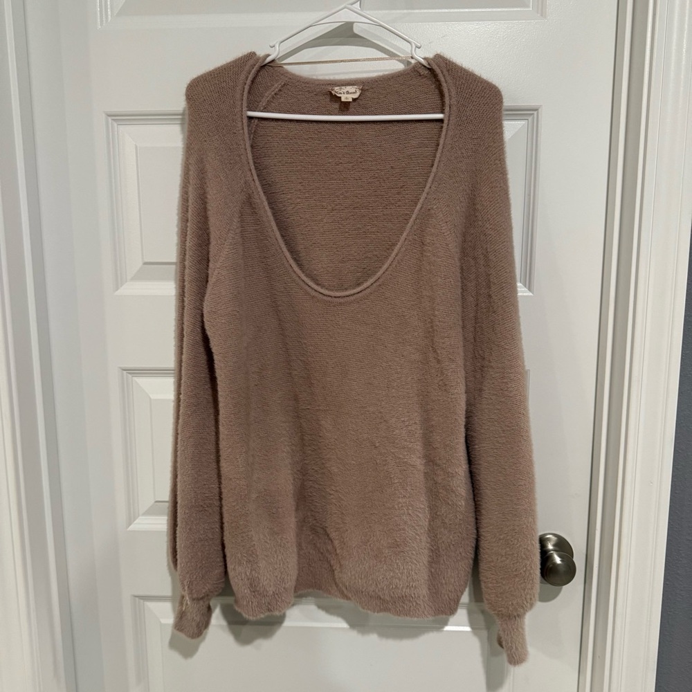 Hem & Thread Cozy Cream Fuzzy Knit Deep Scoop Neck Sweater